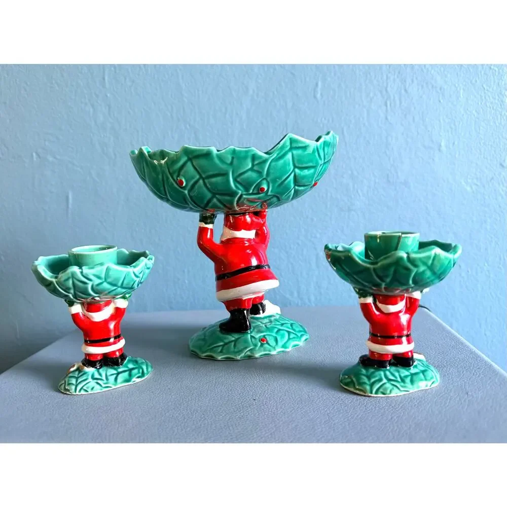 Vintage 1962 Napco Black Santa Claus Ceramic Console Set - Rare Mid Century
